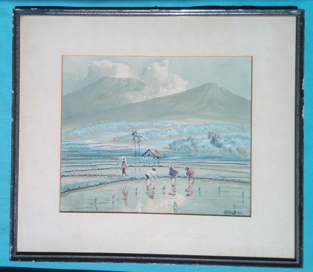 AQUAREL ABULANI NED INDIË 1940s GESIGNEERD RIJSTVELDEN BERG, Verzenden