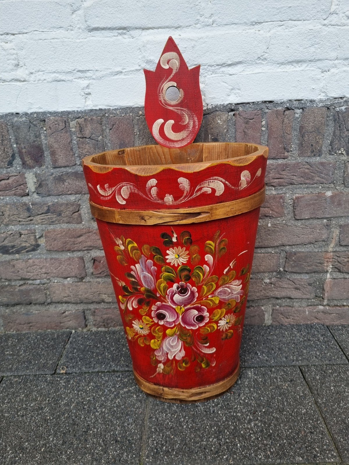 Houten decoratieve paraplubak met bloemenmotief, Ophalen, Gebruikt, Hout