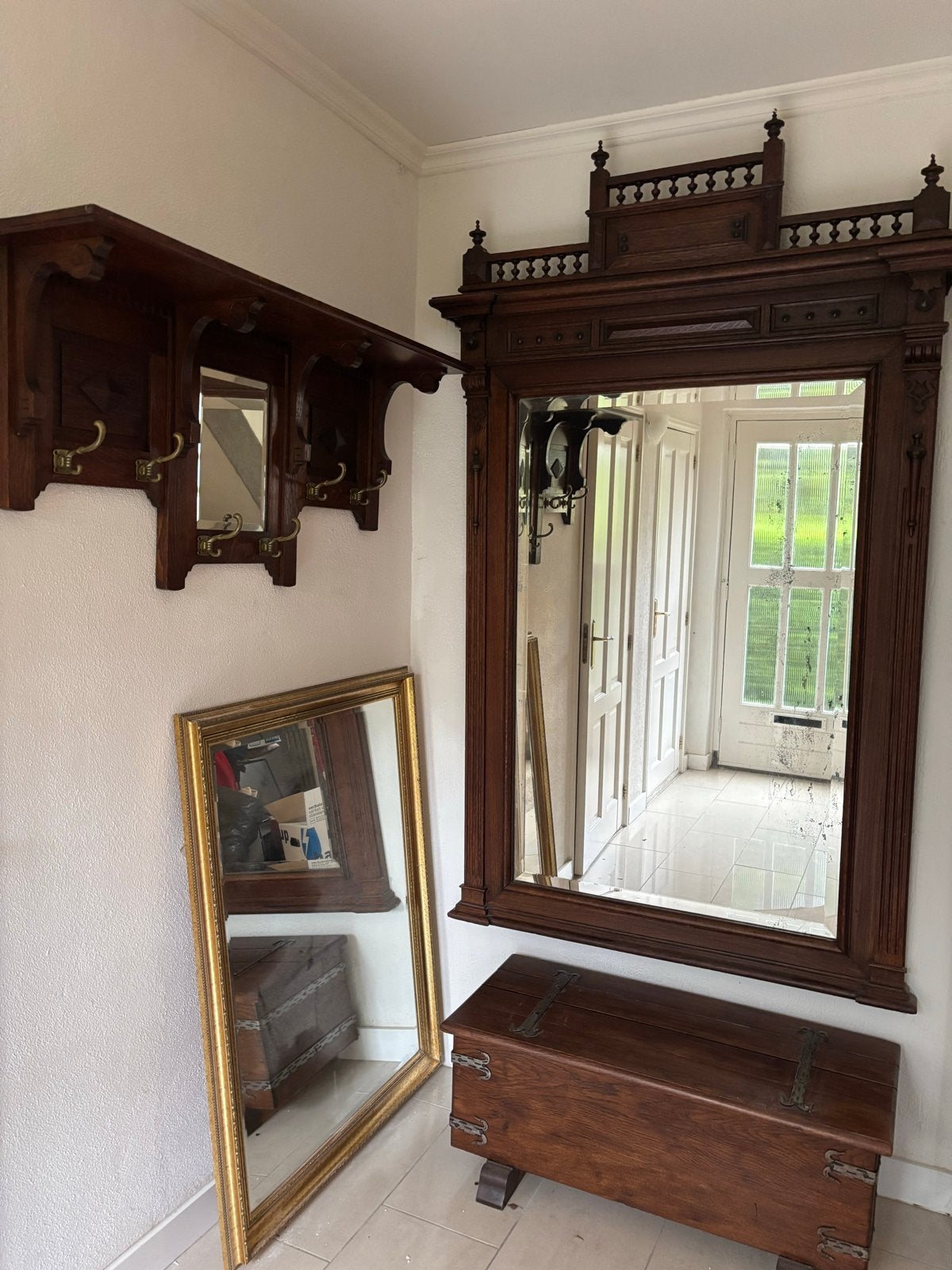 Antieke spiegel en kapstok set, Antiek en Kunst, Ophalen, Rechthoekig, 100 tot 150 cm, 150 tot 200 cm