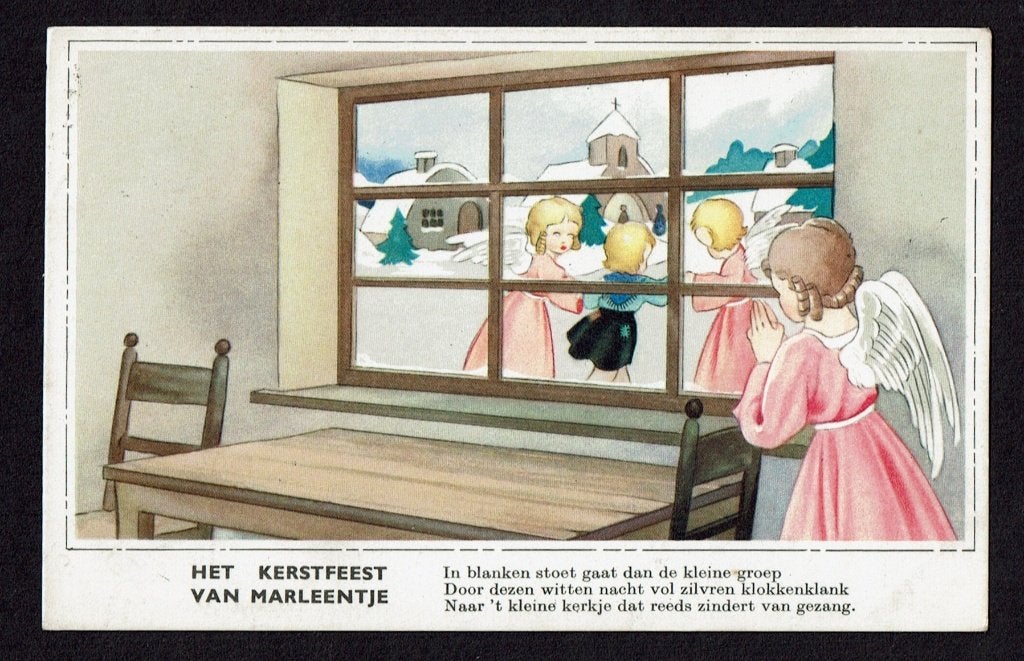 Kinderkaart met engelen ,,Het kerstfeest van Marleentje "., Verzamelen, Ophalen of Verzenden, Gebruikt, Kaart of Prent, Christendom | Katholiek