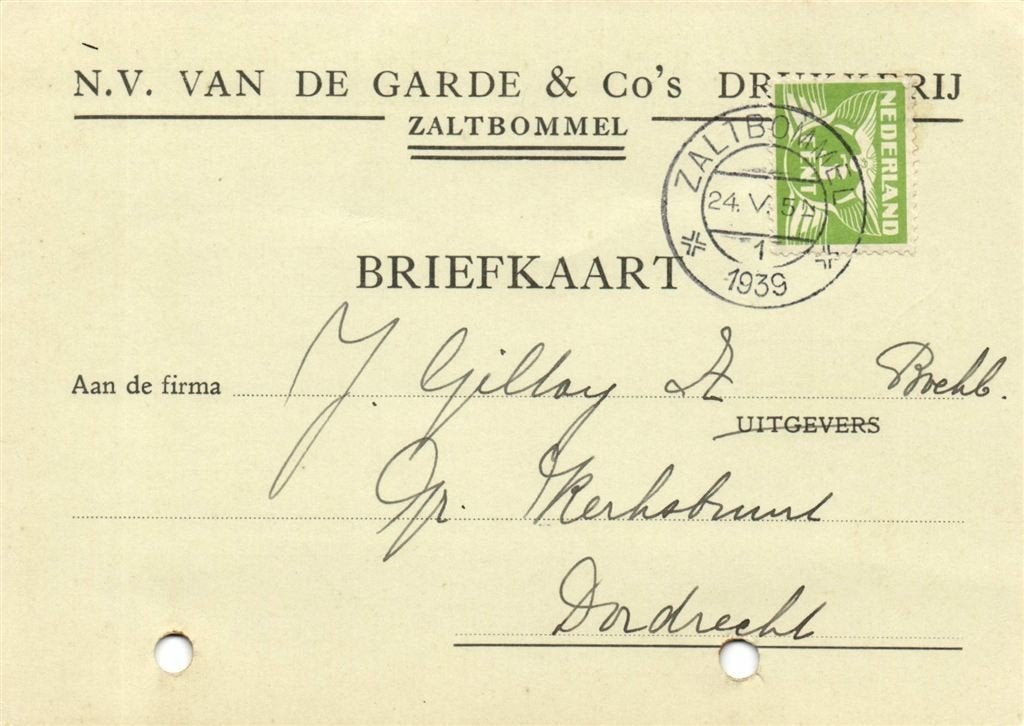 NV van de Garde + Co Drukkerij, Zaltbommel - 05.1939 - brief, Ophalen of Verzenden, Briefkaart