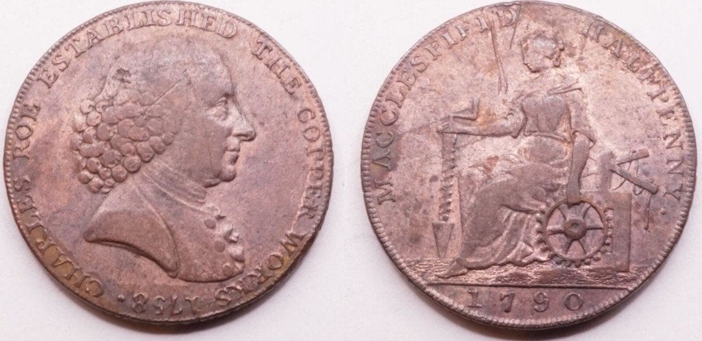 Britain Macclesfield halfpenny token 1790  Roe Copper Works, Ophalen of Verzenden, Overige materialen