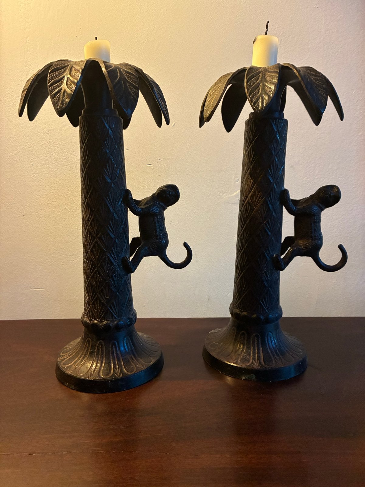 Twee bronzen palmboom kandelaars, Ophalen of Verzenden, Koper of Brons