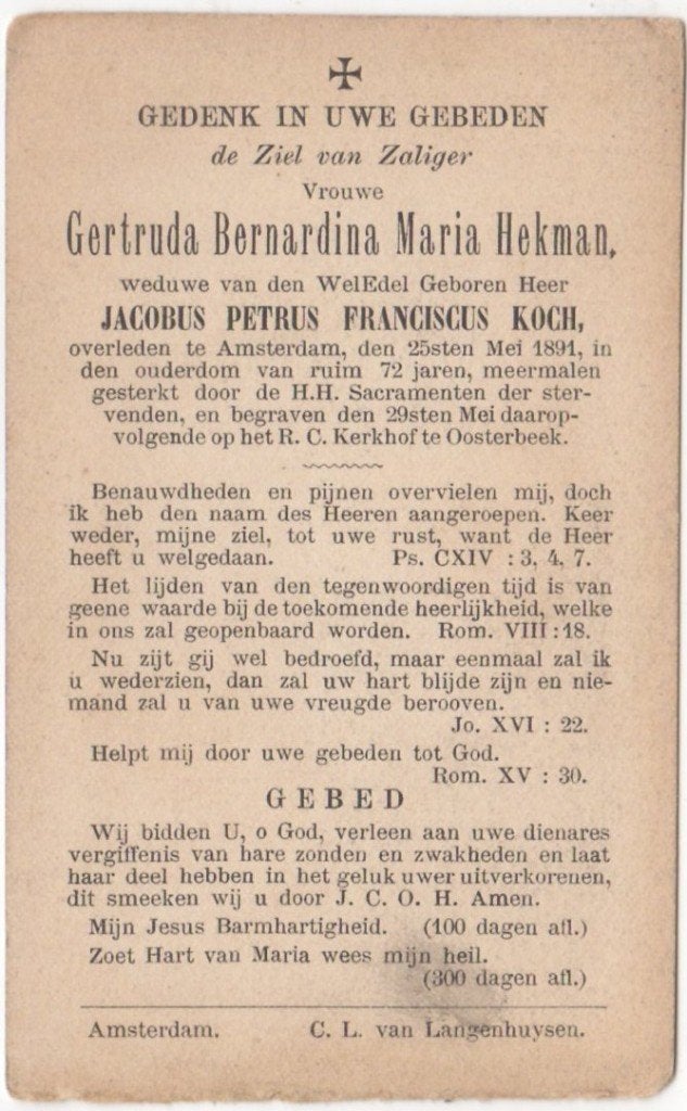 Gertruda B.M. Hekman 1818 Amsterdam + 1891 Amsterdam, 72 jr, Ophalen of Verzenden