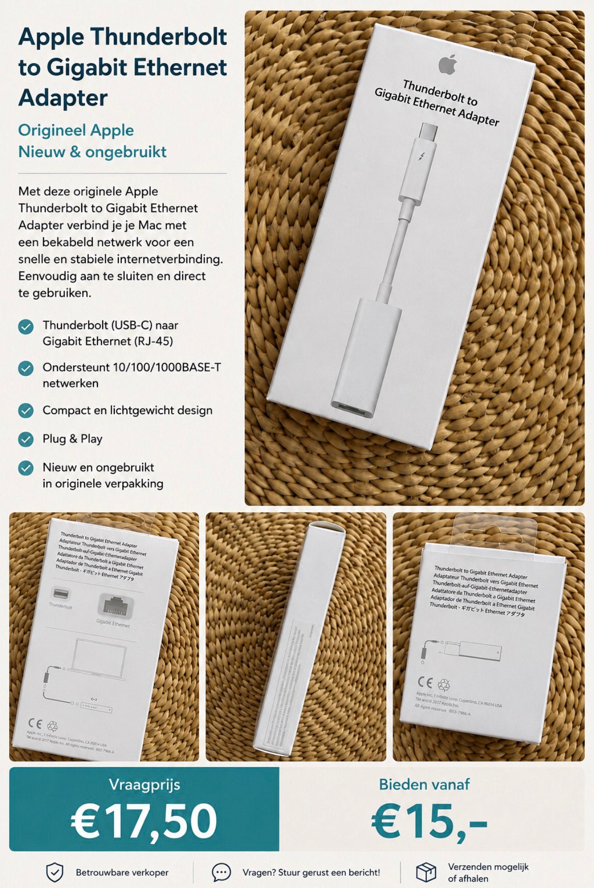 Apple Thunderbolt naar Gigabit Ethernet Adapter, Ophalen of Verzenden, Nieuw