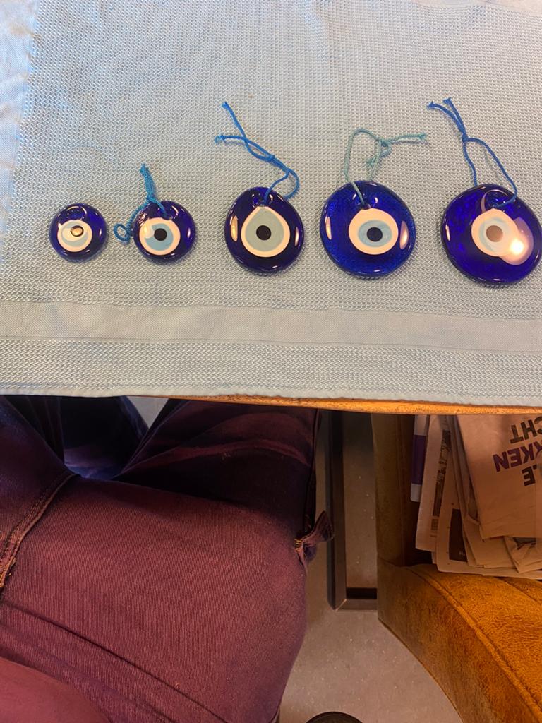 Amulet,blauw glazen boze oog,diam.8, 7.5, 6.5, 4.5, 4 cm, Huis en Inrichting, Ophalen of Verzenden, Zo goed als nieuw