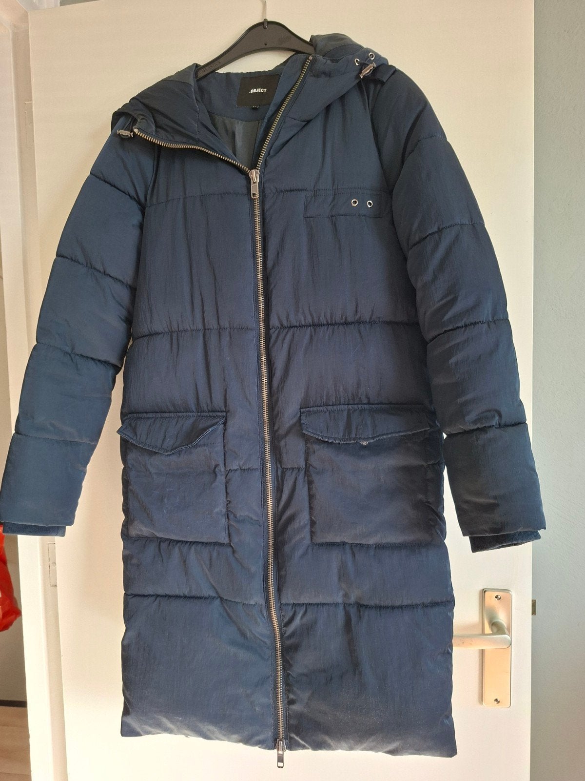 Donkerblauwe lange winterjas van .OBJECT, maat 34, Blauw, Ophalen of Verzenden, Zo goed als nieuw, .OBJECT