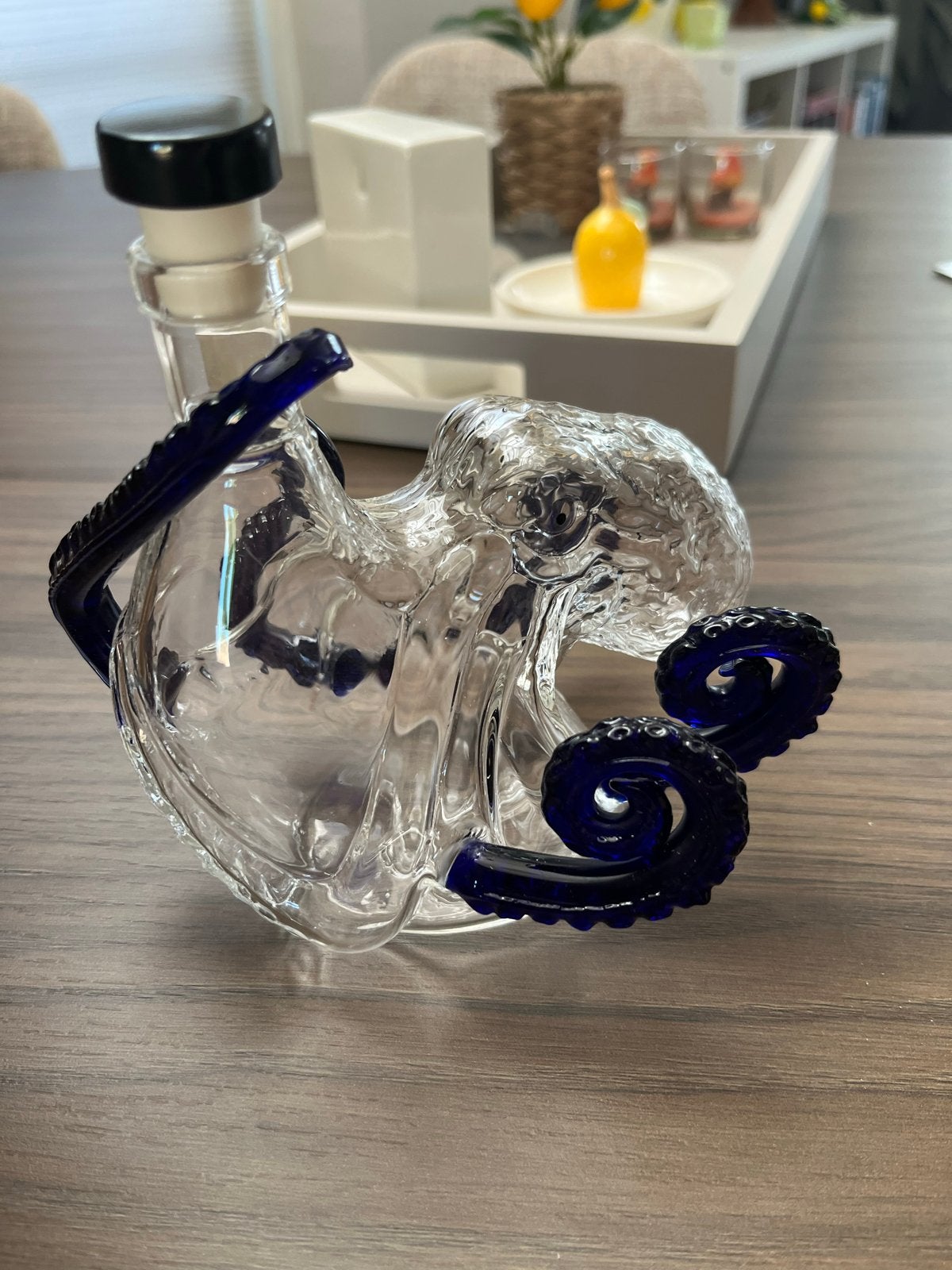 Unieke Glazen Karaf in Octopus Vorm - Blauw en Transparant, Ophalen of Verzenden, Met patroon/structuur, Blauw, Glas
