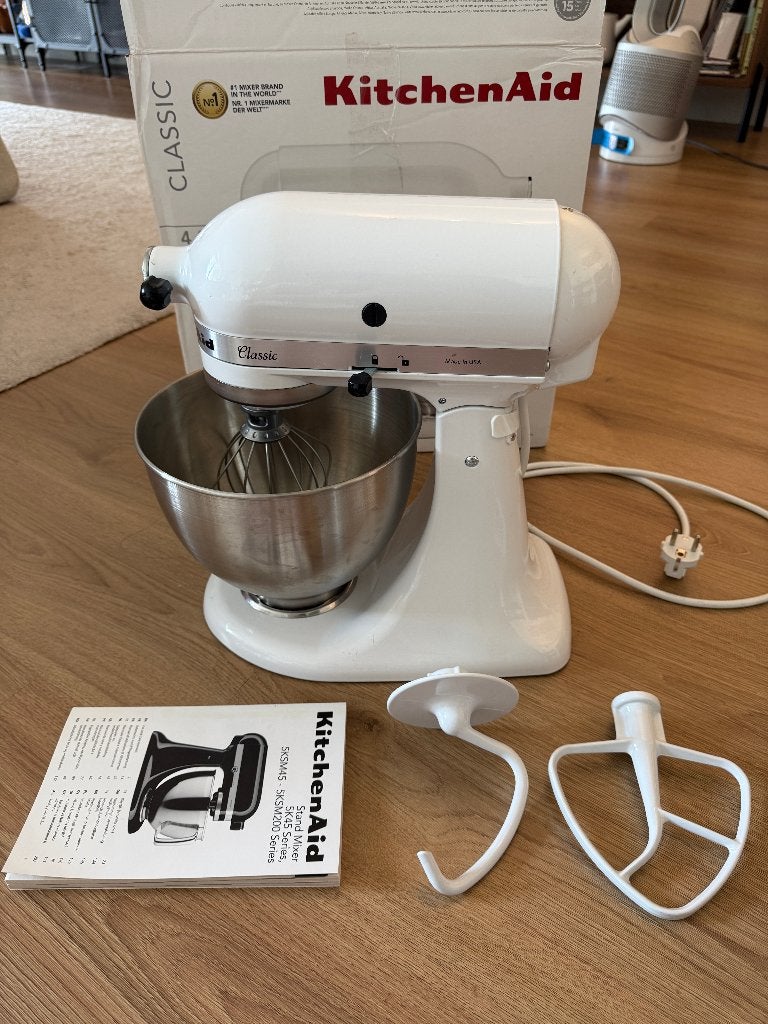 KitchenAid Classic 5K45SSEWH - Keukenmixer  10 snelheden Wit, 4 liter of meer, Ophalen, Zo goed als nieuw, 3 snelheden of meer