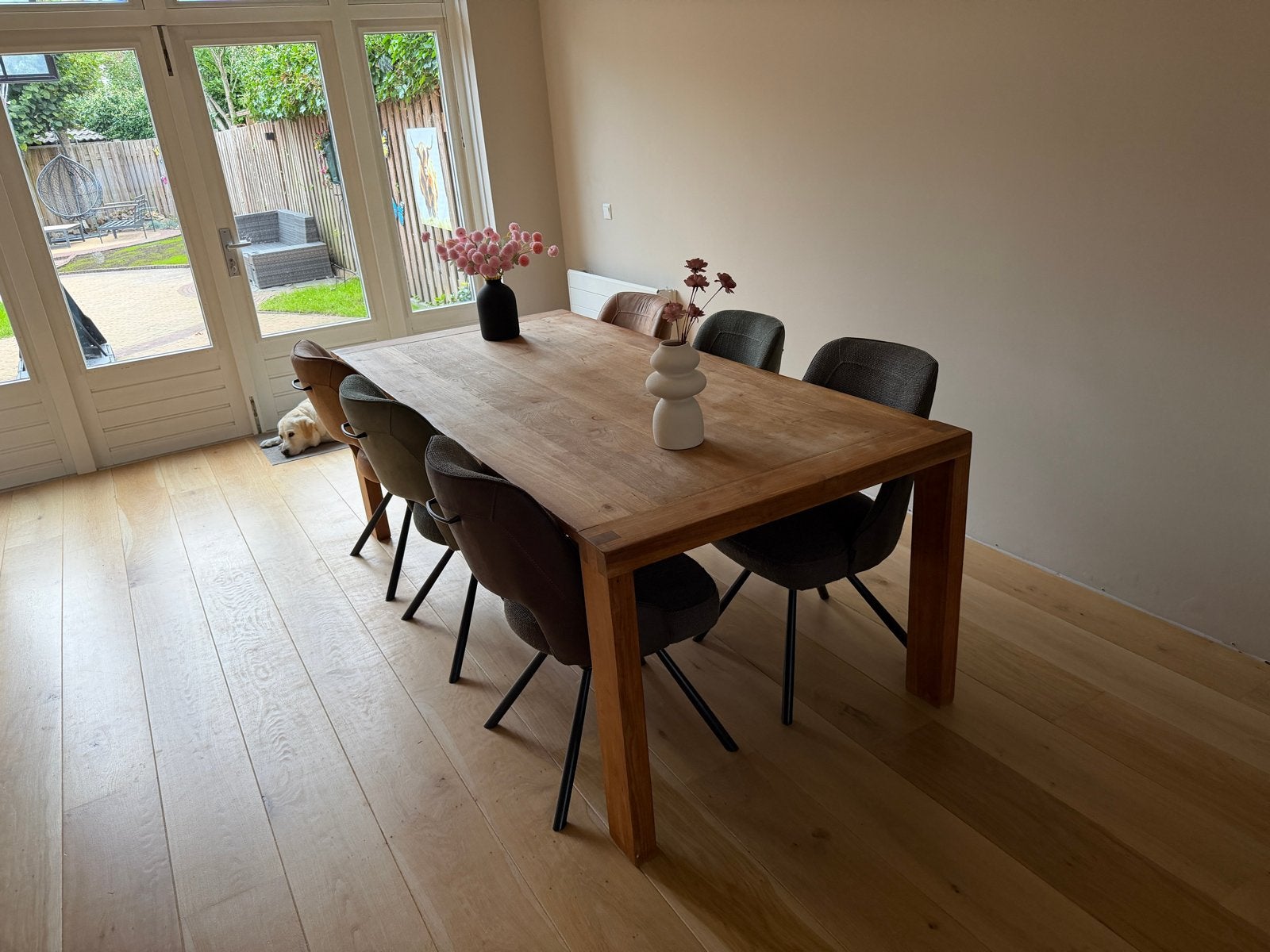 Teakhouten eettafel 220x100 cm + 6 stoelen –robuust&sfeervol, Huis en Inrichting, Ophalen, Gebruikt, 100 tot 150 cm, Eikenhout