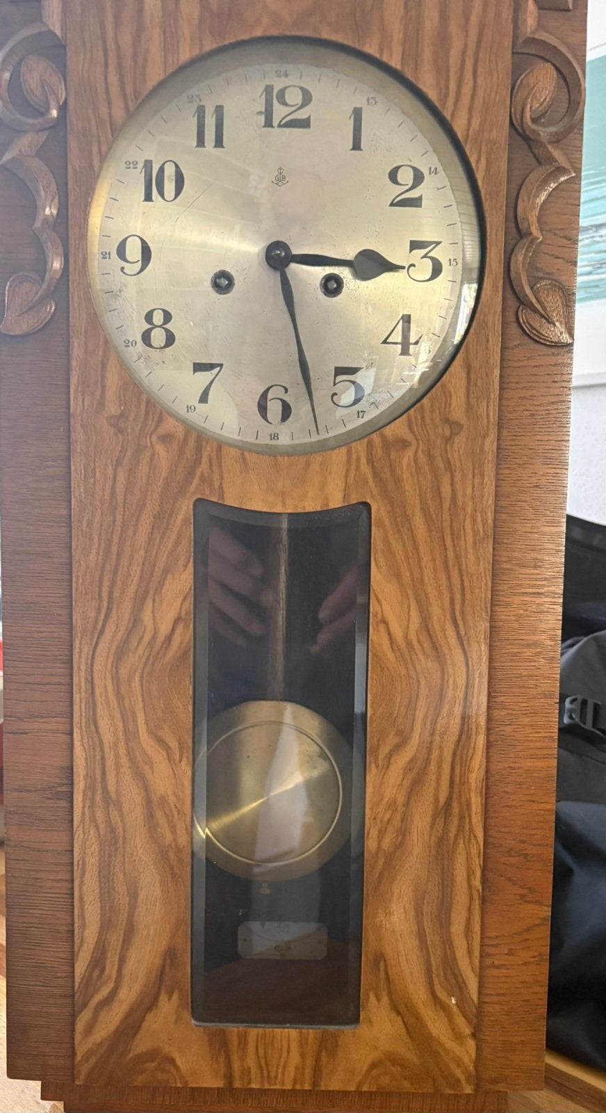 Antieke G.B. Junghans wandklok met slinger en sleutel, Ophalen