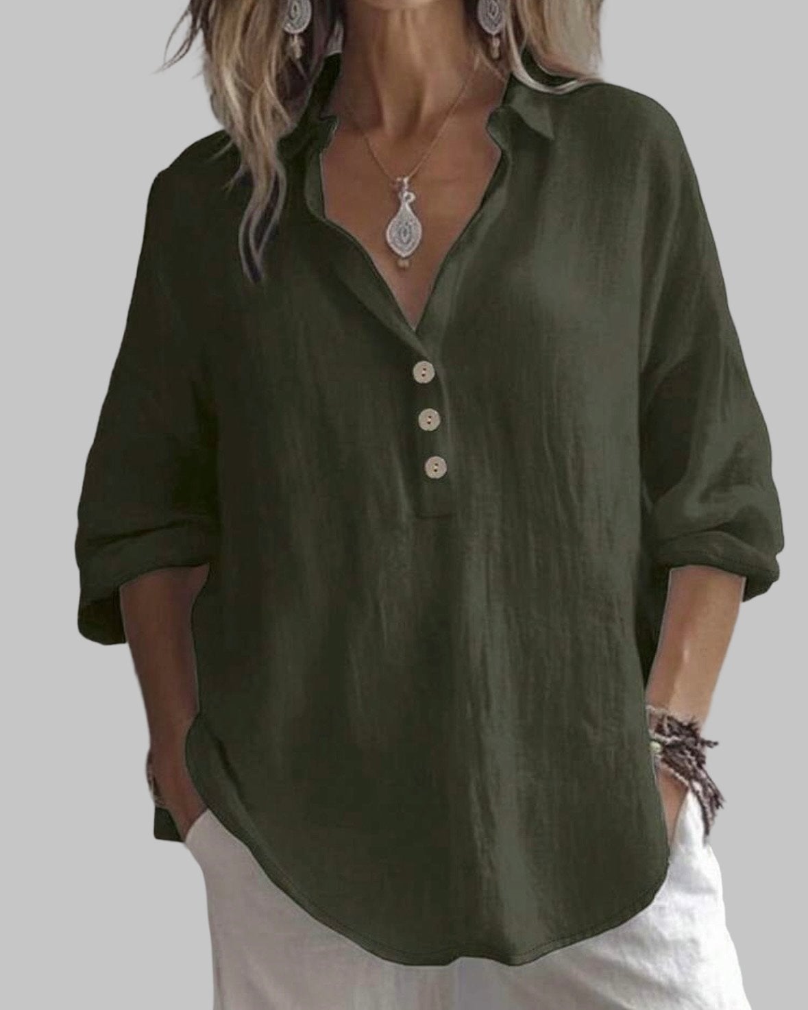 Comfortabele Linnen -lookBlouse Donkergroen (46--54), Verzenden, Nieuw, Groen, Blouse of Tuniek
