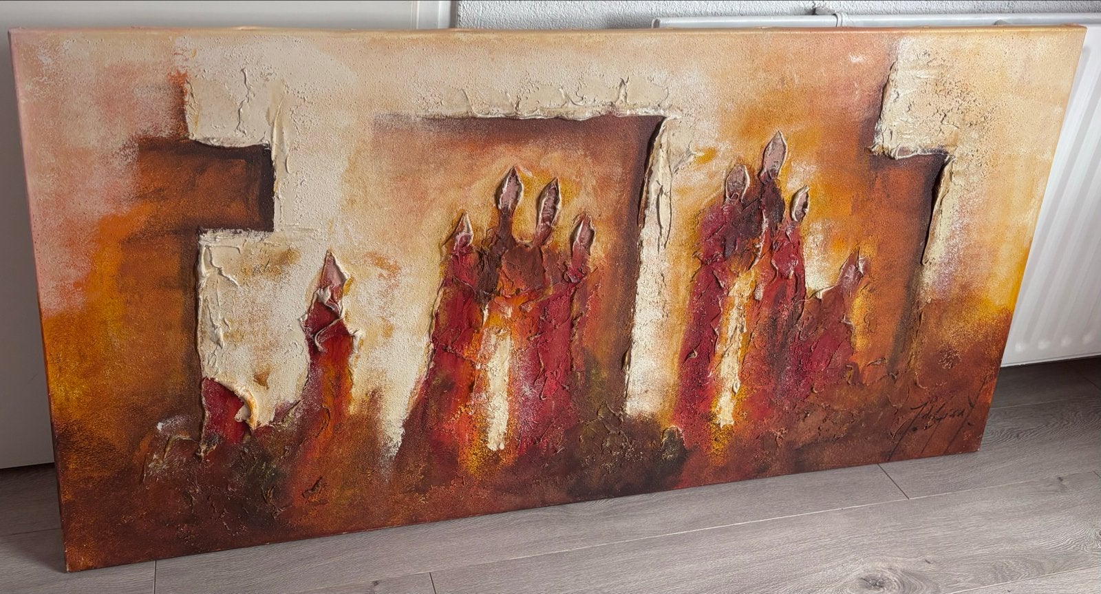 Groot schilderij J. de Graaf, abstract met textuur, Ophalen