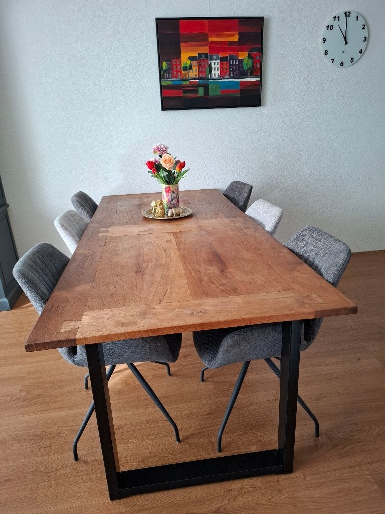 teakhouten eettafel met zwart stalen onderstel, Ophalen, Gebruikt, Teakhout, 200 cm of meer