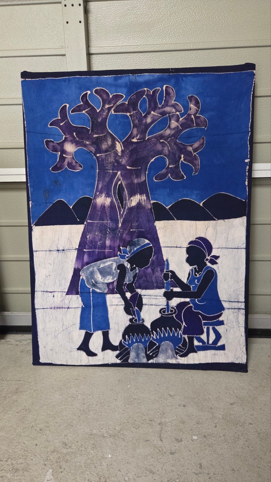 Batik Schilderij op Houten Plaat - Afrikaanse Scène, Ophalen, Blauw, Handgemaakt, Schilderij