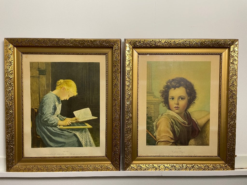 Portret meisje en jongen - kleurengravures, Antiek en Kunst, Kunst | Schilderijen | Klassiek, Ophalen, Paneel, Origineel werk