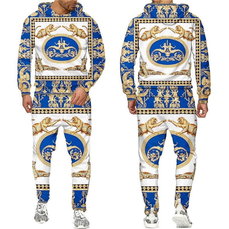 Heren barok joggingpak 6 blauw goud panter luxe trainingspak, Overige kleuren, Verzenden, Nieuw, Overige maten