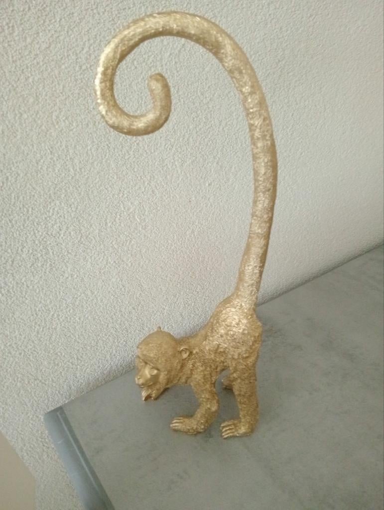 Gouden aap decoratie met lange krulstaart, Huis en Inrichting, Woonaccessoires | Overige, Gebruikt, Overige materialen, Ophalen of Verzenden