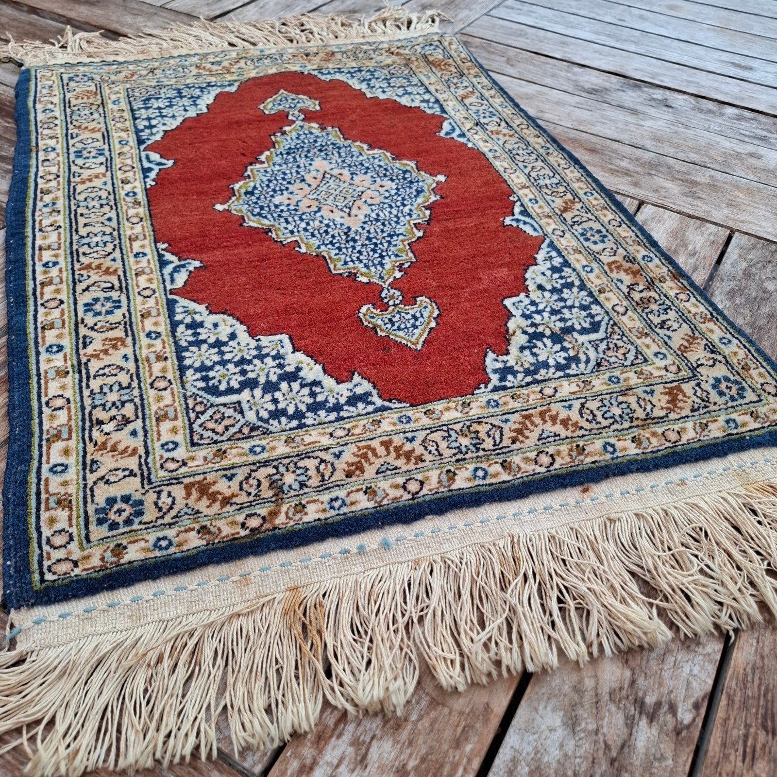 Vintage handgeknoopt perzisch Qum/Ghom 50x73 cm, 50 tot 100 cm, Vintage, Rechthoekig, Crème