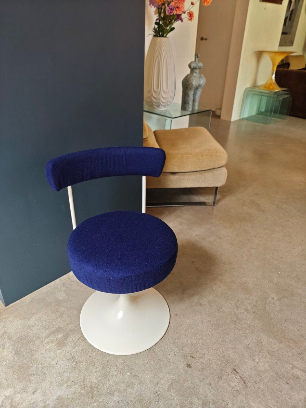 Vintage Draaibare Kruk/Stoel - Blauw met Witte Tulpvoet, Ophalen, Gebruikt, Blauw, Stof