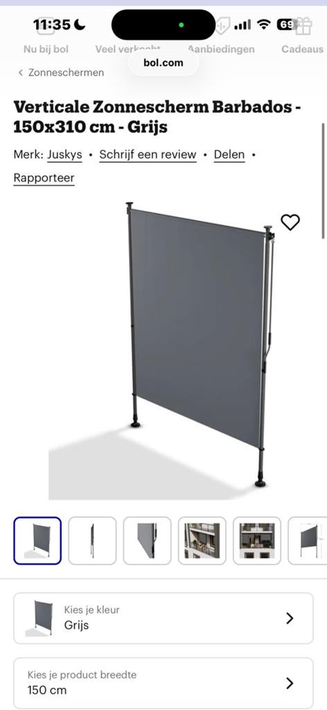 Verticale Zonnescherm Barbados - 150x310 cm - Grijs, !, !, Ophalen of Verzenden, Zo goed als nieuw