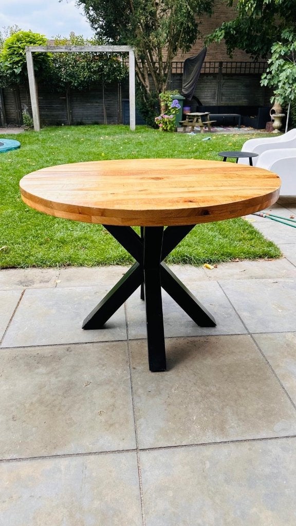 Ronde mangohouten eettafel 110 cm diameter, Huis en Inrichting, Tafels | Eettafels, Gebruikt, Rond, Industrieel, Modern, Vier personen
