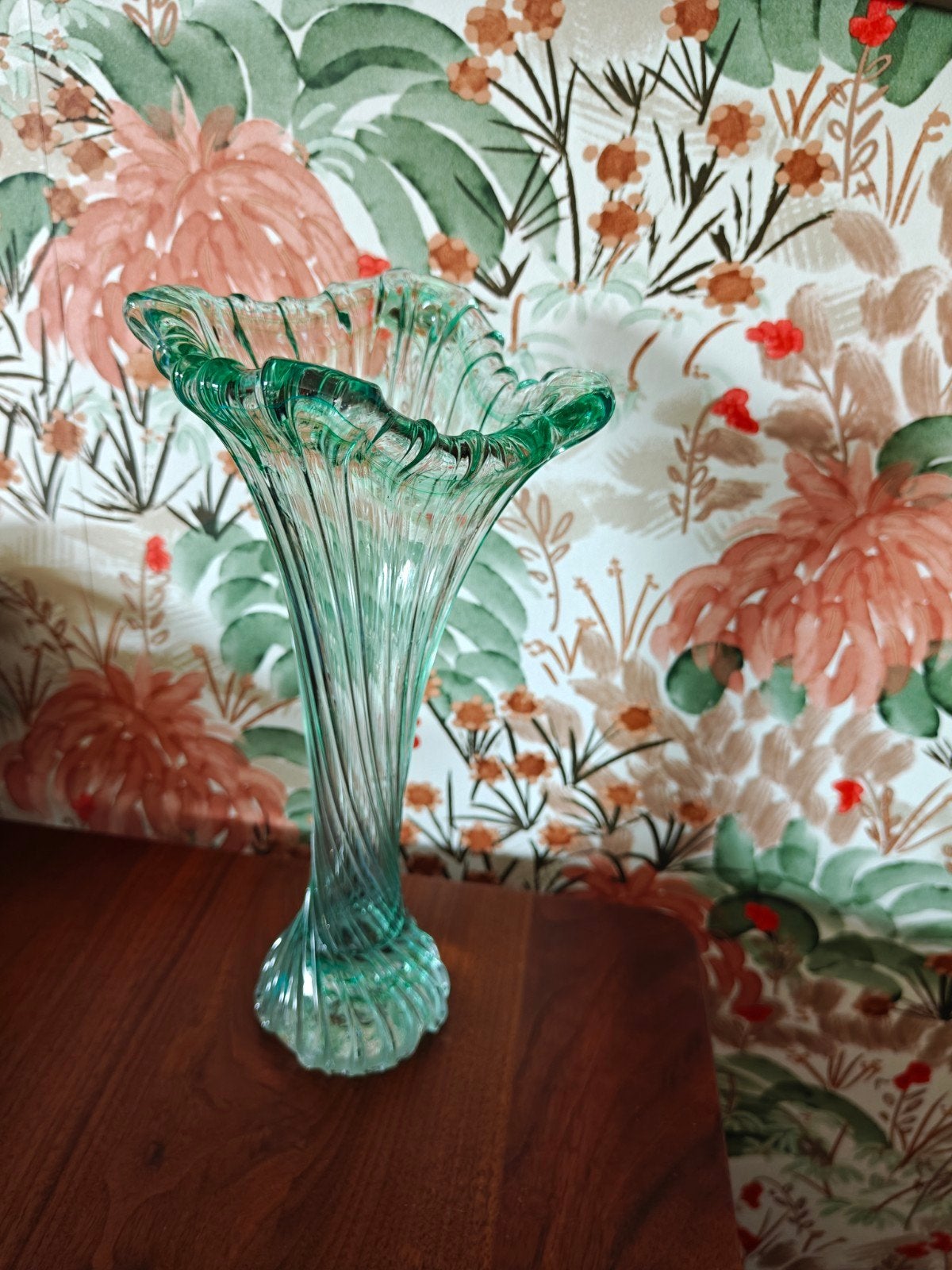 Vintage Murano Trompet Vaas - Handgeblazen Groen Glas, Ophalen of Verzenden