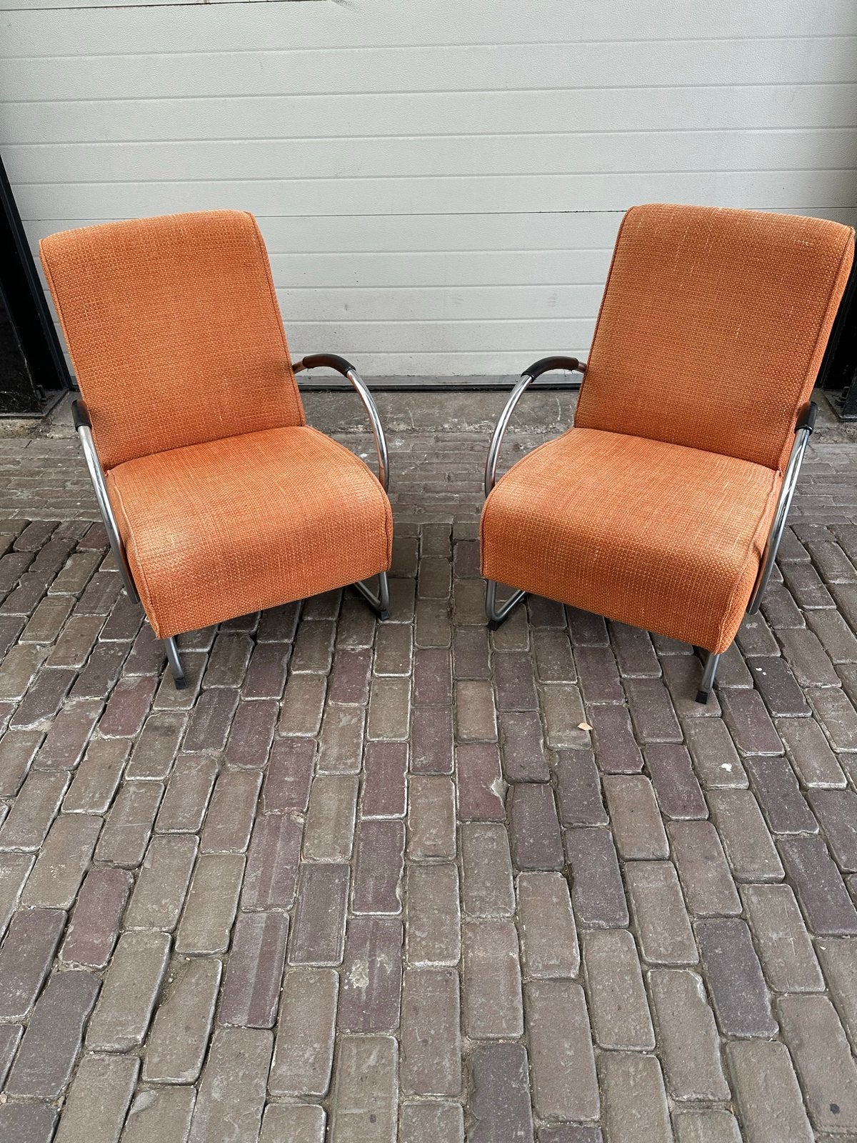 Set van 2 vintage oranje fauteuils, Huis en Inrichting, Stoelen, Ophalen, Gebruikt, Twee, Overige kleuren