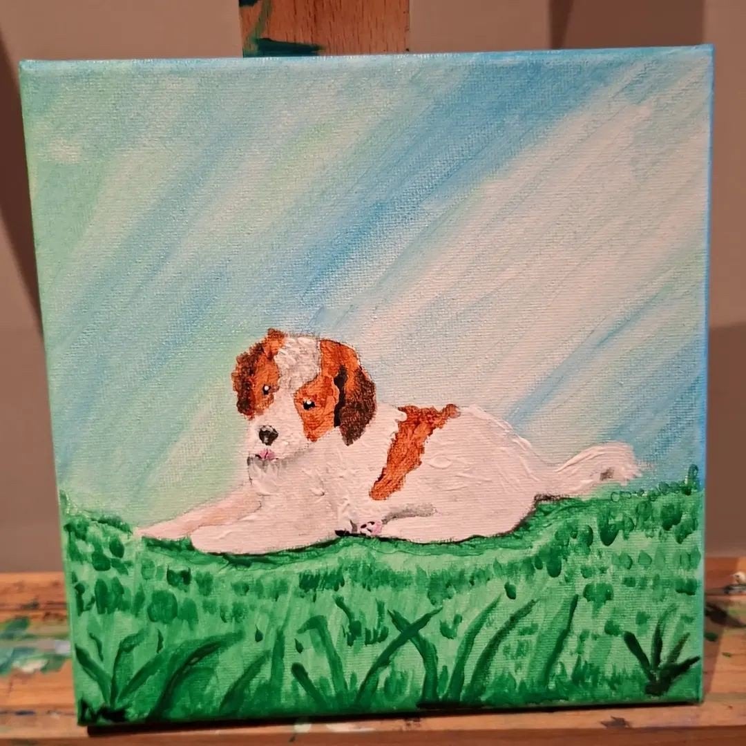 Handgemaakt acrylverf schilderij van een hond (20x20), Antiek en Kunst, Acrylverf, Doek, Realistisch, Dieren