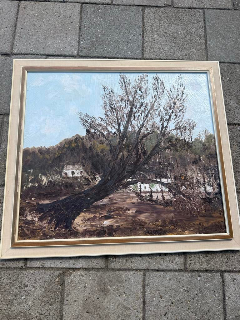 Olieverfschilderij: Landschap met boom en huizen, Ophalen of Verzenden