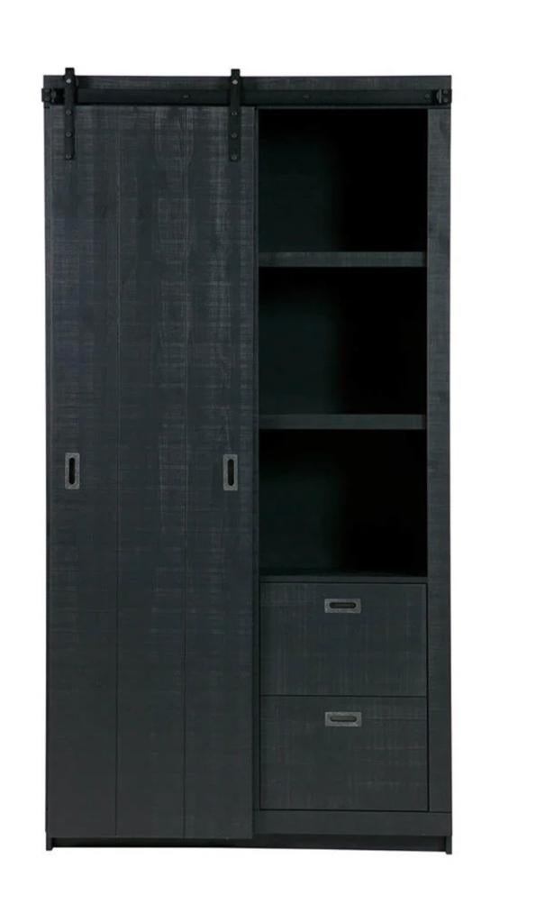 Zwarte houten kast met schuifdeur en lades, Ophalen, 100 tot 150 cm, 200 cm of meer, Zo goed als nieuw