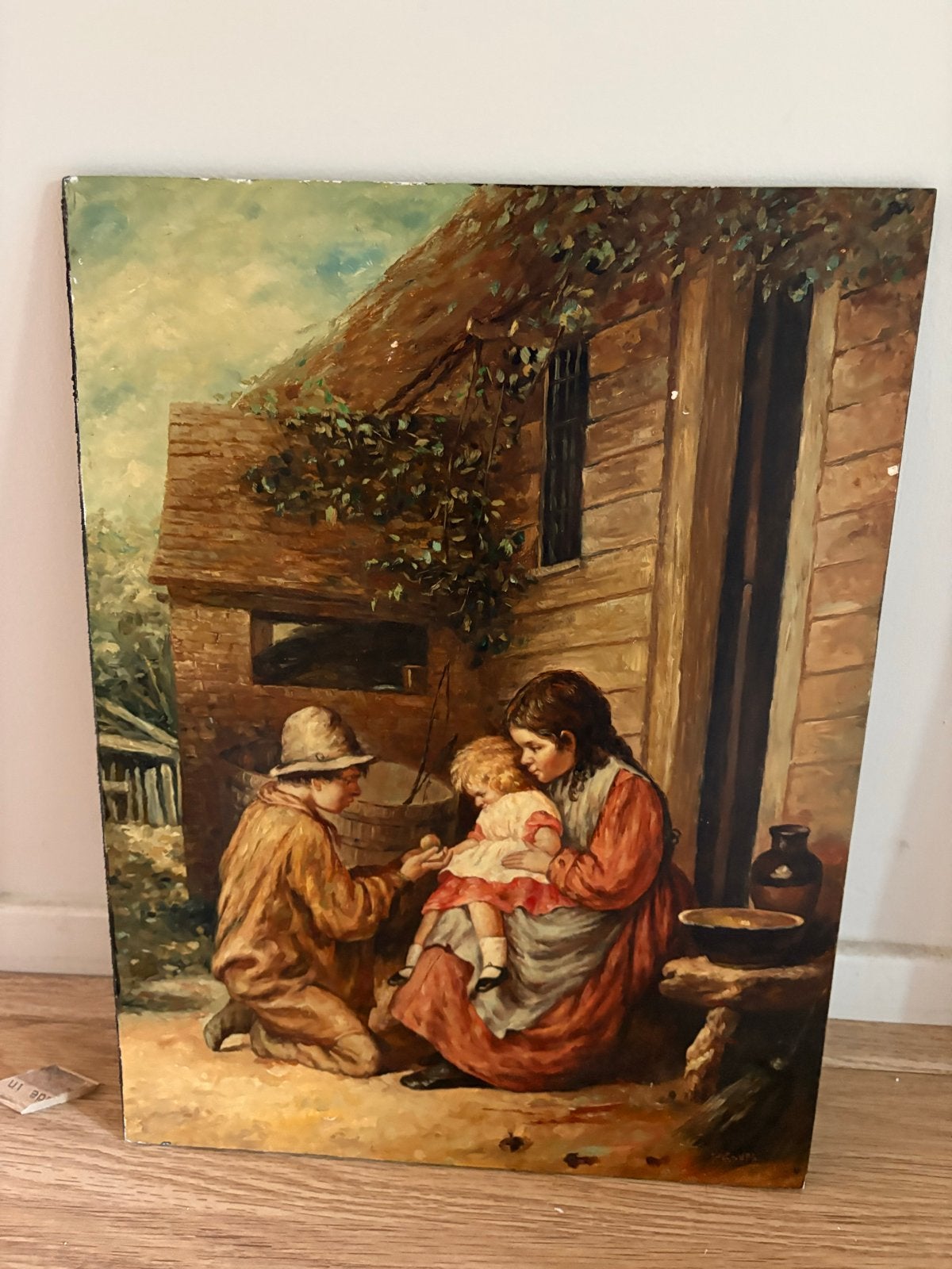 Oud paneel schilderij 30x40 cm - Klassiek tafereel, Paneel, Portret of Personen, Ophalen of Verzenden, Handgeschilderd