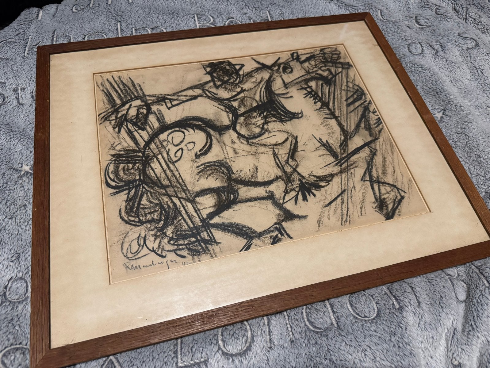 Abstracte houtskooltekening, gesigneerd en ingelijst, Ophalen of Verzenden, Tekening, Houtskooltekening, Gesigneerd