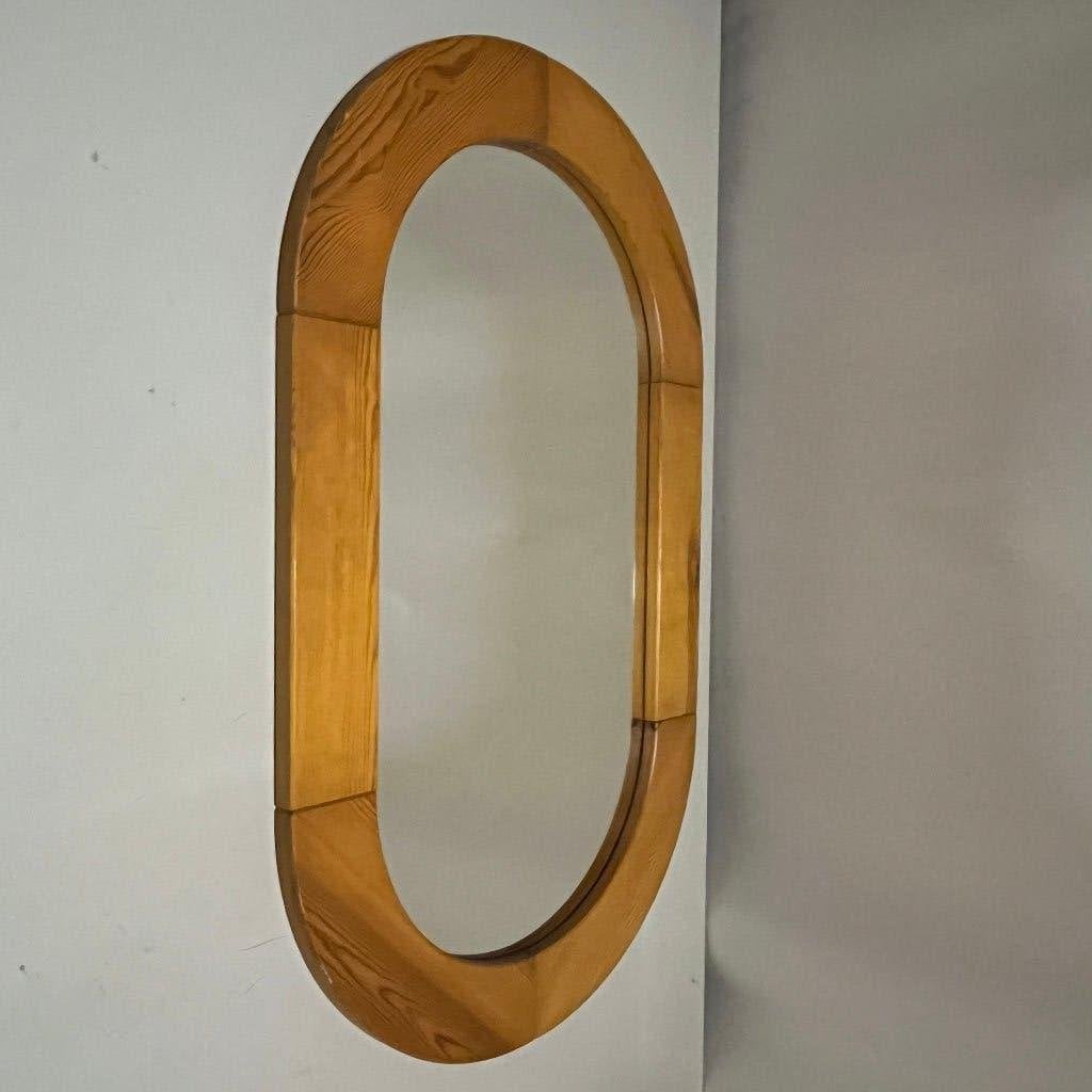jaren 70 Zweeds design ovale grenen houten spiegel, Ophalen, Gebruikt, Markaryd, Glasmaster