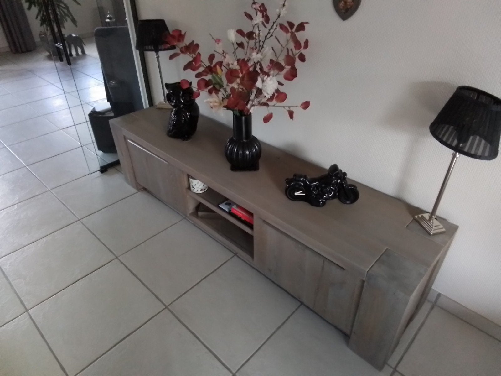 Eiken TV-meubel, salontafel en bijzettafel in greywash look, Huis en Inrichting, Kasten | Televisiemeubels, Ophalen, Gebruikt