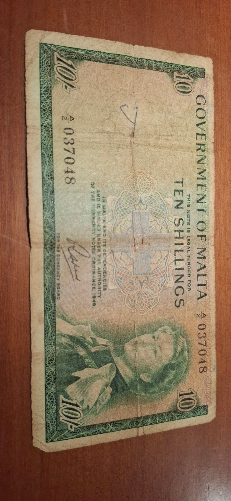 Oud biljet van Malta: Tien Shilling (1949), Ophalen of Verzenden, Overige landen, Los biljet