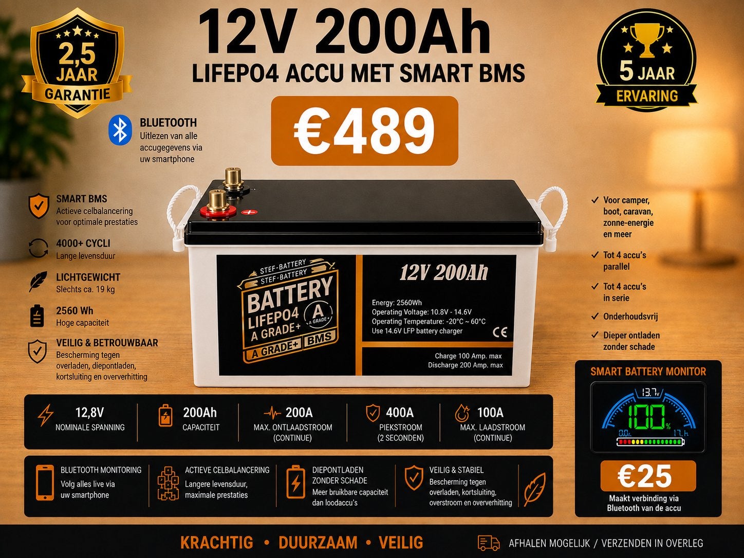Accu 12V 200Ah LiFePO4 Smart BMS Bluetooth 2,5 Jaar Garantie, Ophalen of Verzenden, Nieuw