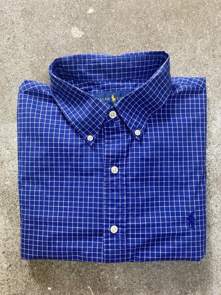 Ralph Lauren Overhemd – XL - Darkblue White Blocked, Blauw, Ralph Lauren, Ophalen of Verzenden, Zo goed als nieuw