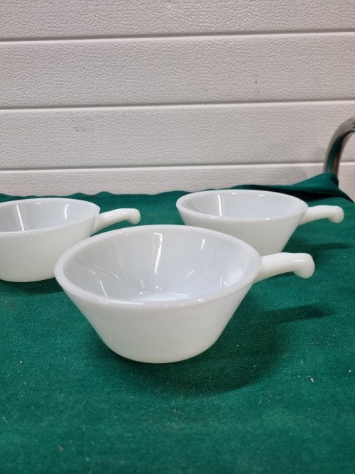 -	Soepkommen melkglas drie stuks anchor hocking, Huis en Inrichting, Ophalen of Verzenden, 'T Olde Gre-j, Info@toldegrej.nl, Endepoelstraat 20f Didam