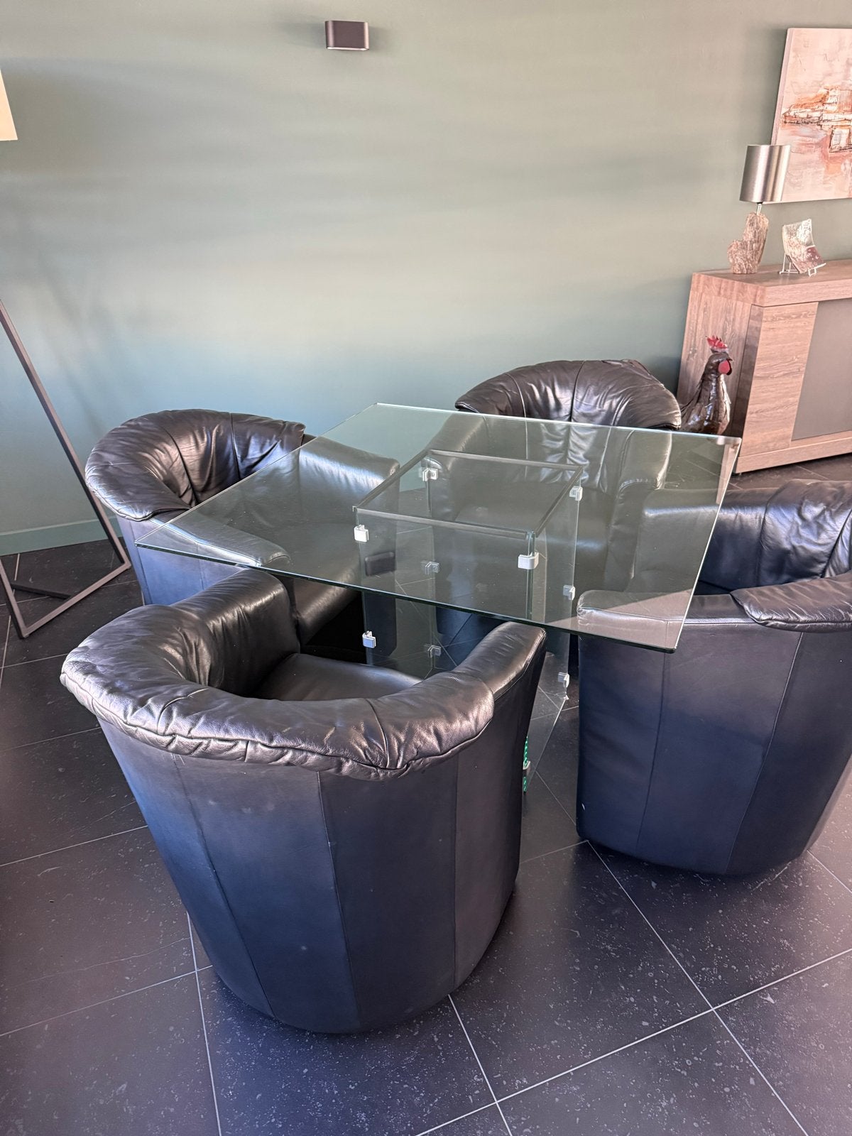 Glazen eettafel - Modern design, 110x110cm vierkant, Huis en Inrichting, Ophalen, Gebruikt, Vierkant, Glas