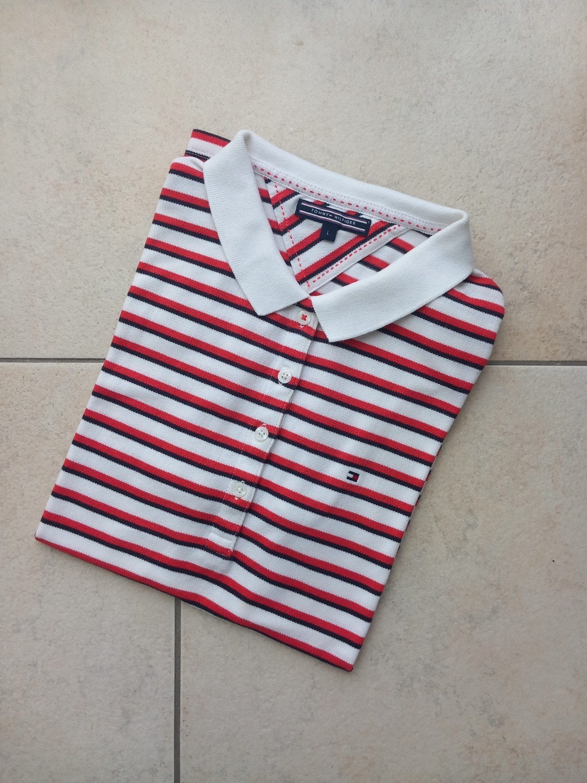 Tommy Hilfiger gestreept poloshirt - Maat L, Maat 42/44 (L), Ophalen of Verzenden, Zo goed als nieuw, Korte mouw