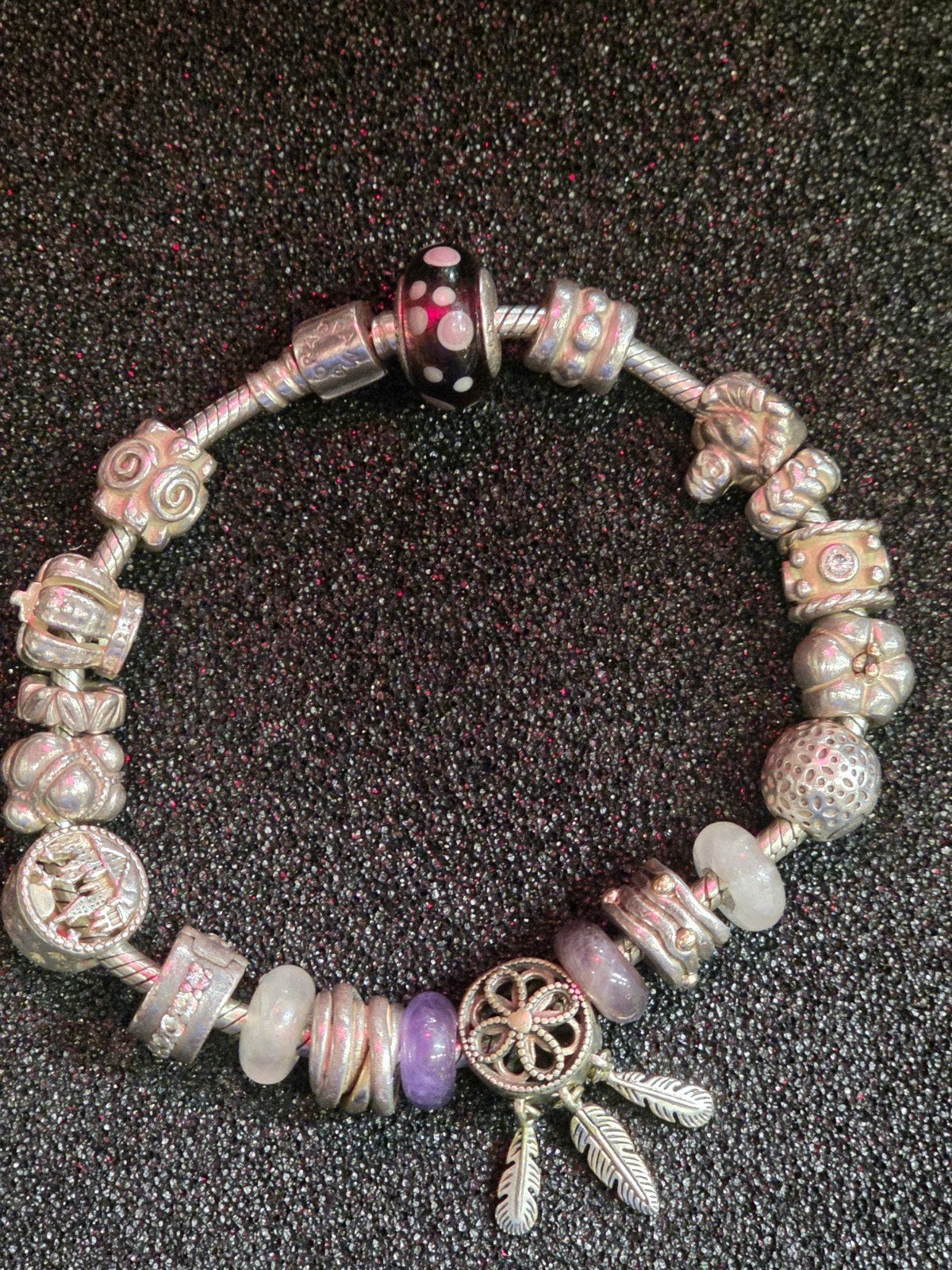 Originele Pandora Armband met Amethist en Rozenkwarts Kralen, Paars, Ophalen of Verzenden, Zilver, Met bedels of kralen