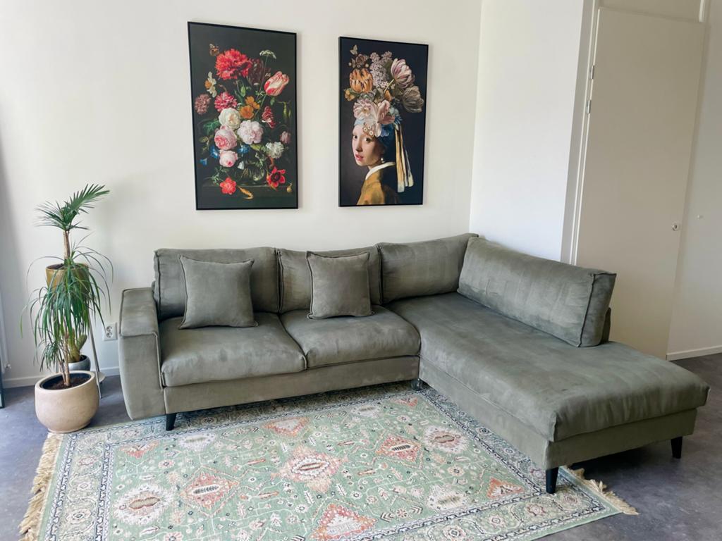 Goossens Hoekbank Jonas - met Longchair Rechts - Groen, Ophalen, Gebruikt, Stof