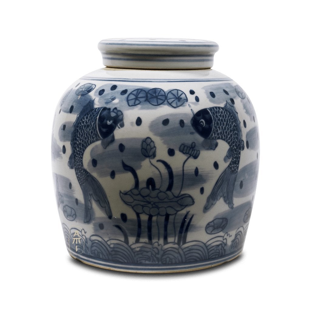 Aziatische Gemberpot met Vissenmotief - 22 cm, Antiek en Kunst, Curiosa en Brocante, Ophalen of Verzenden