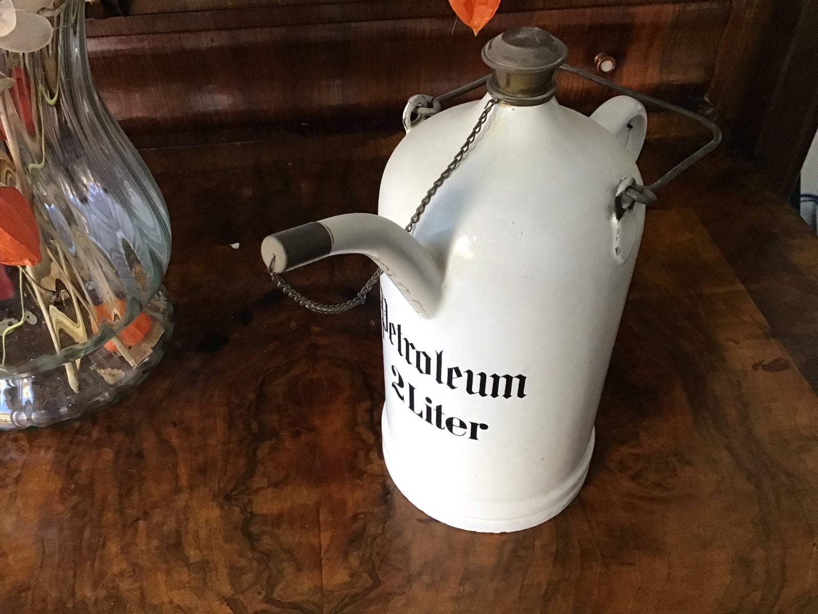 Antieke Petroleumkan - Wit Emaille 2 Liter, Antiek en Kunst, Ophalen of Verzenden