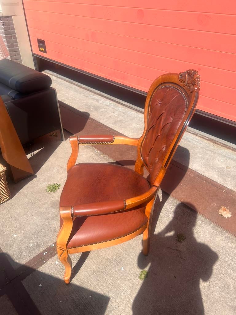Antieke Louis XV stijl leren fauteuil cognac bruin, Ophalen of Verzenden