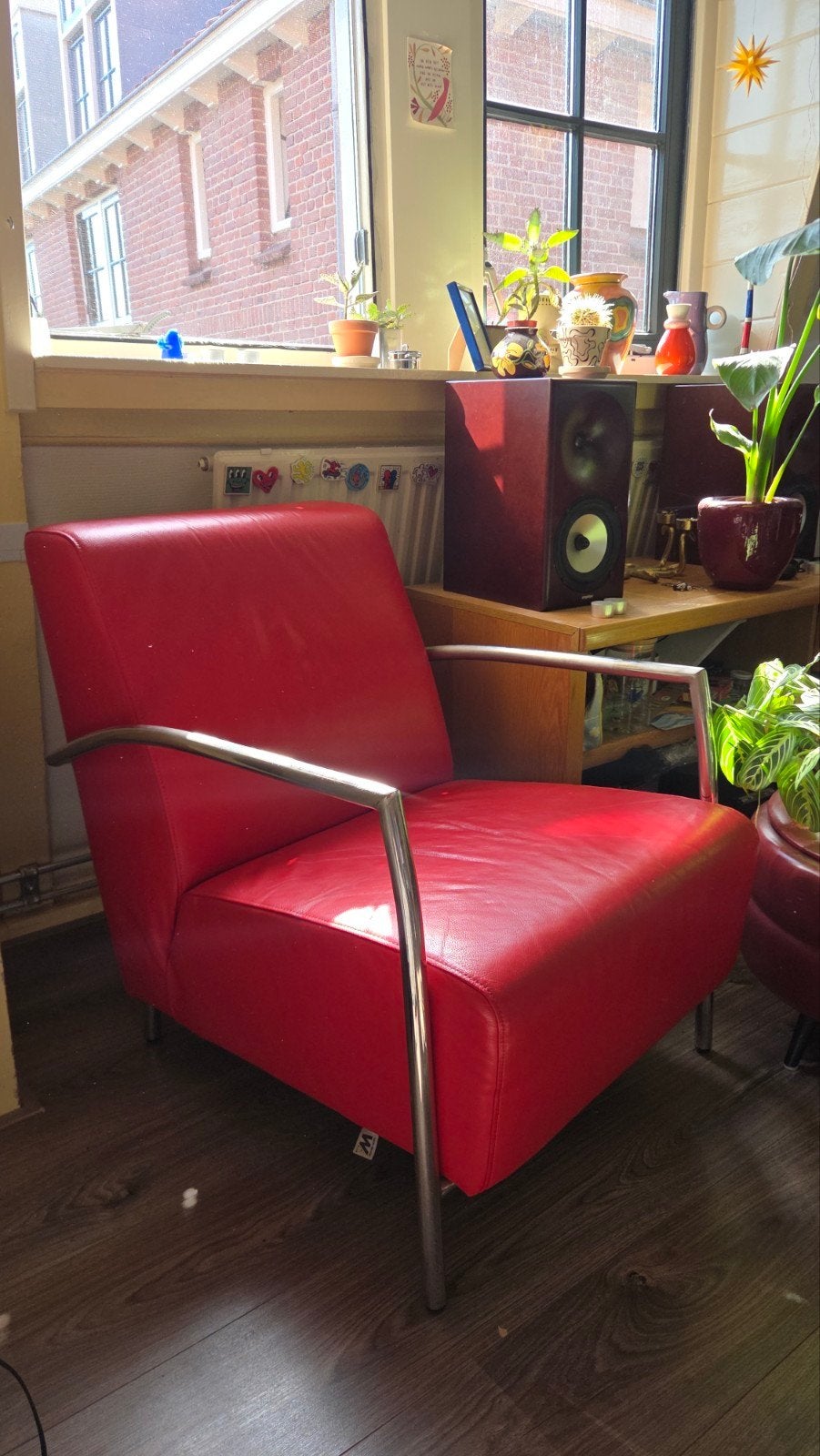Rode Montel leren fauteuil, Huis en Inrichting, Stoelen, Ophalen, Gebruikt, Leer, Rood