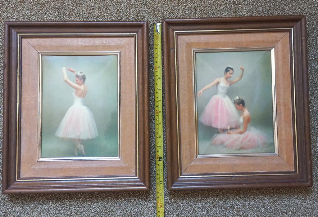 Set van 2 Vintage Ballerina afbeeldingen in Houten Lijst, Ophalen of Verzenden