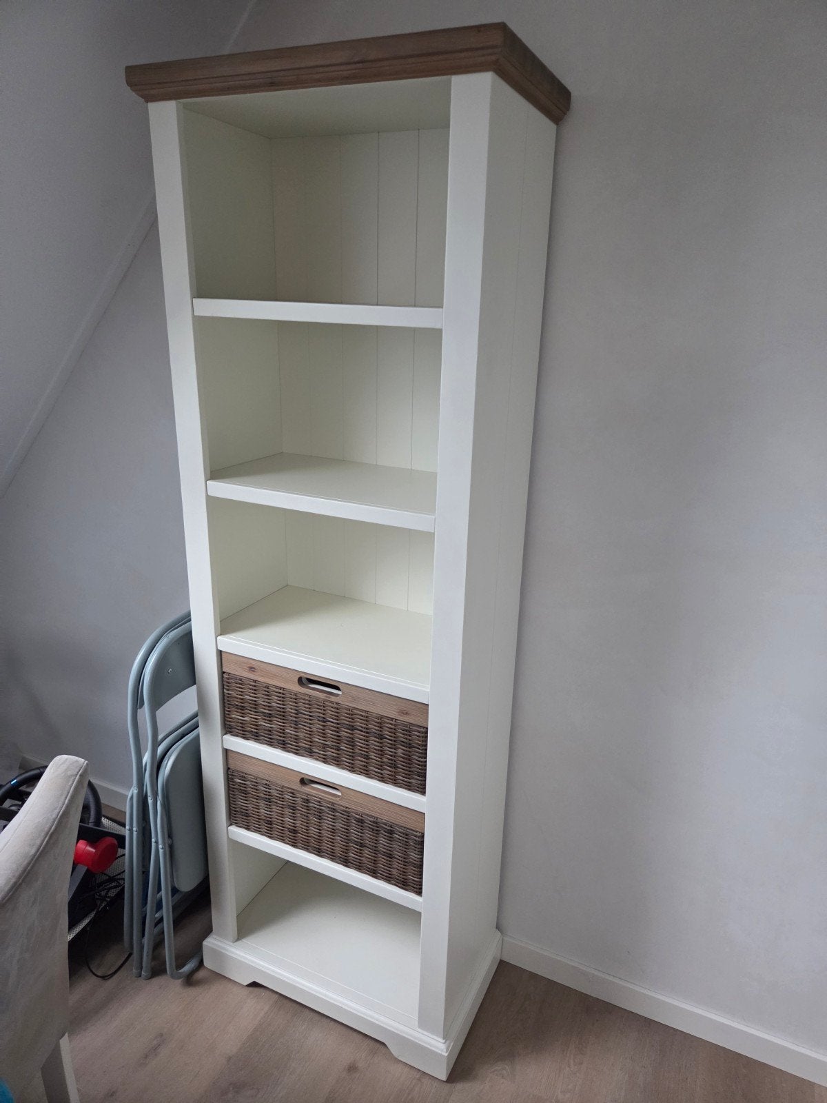 Landelijk boekenkast wit met acaciahout - 65x35x190,5cm, Huis en Inrichting, Kasten | Boekenkasten, Ophalen, Met plank(en), Gebruikt