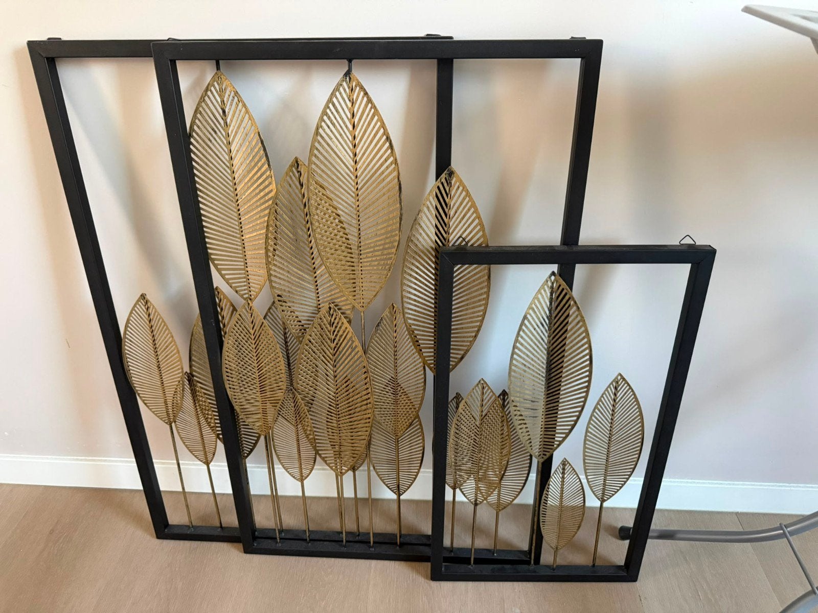 Set van 3 wanddecoraties: bladeren goud/zwart (Leen Bakker), Ophalen, Metaal, Decoratieobject, Ingelijst